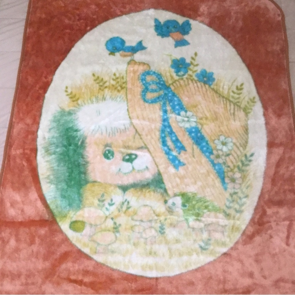 VTG Mink Puppy Dog Hat Mushroom Orange Blue Bird Throw Blanket Plush 52” X 44”